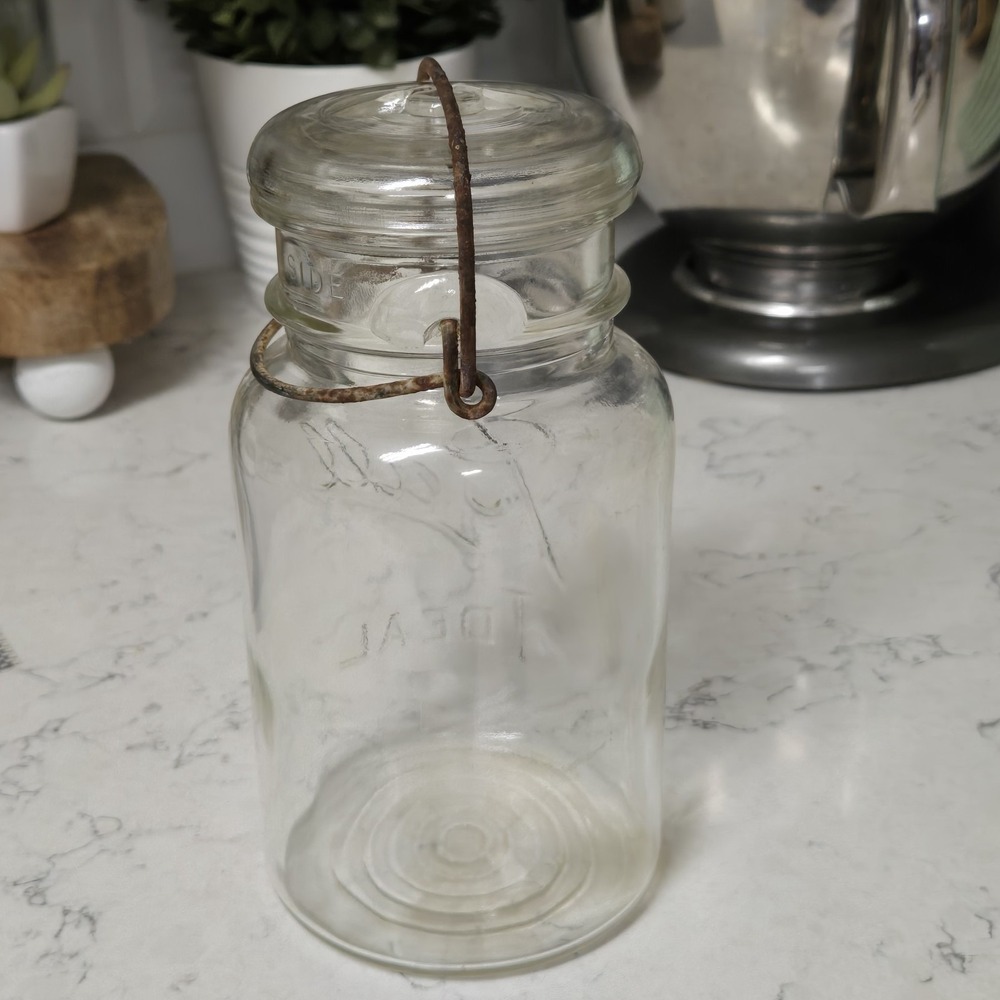 Antique Ball "Ideal" 1 Qt Glass Canning Jar ca. 1908 Glass Top & Wire Bale READ